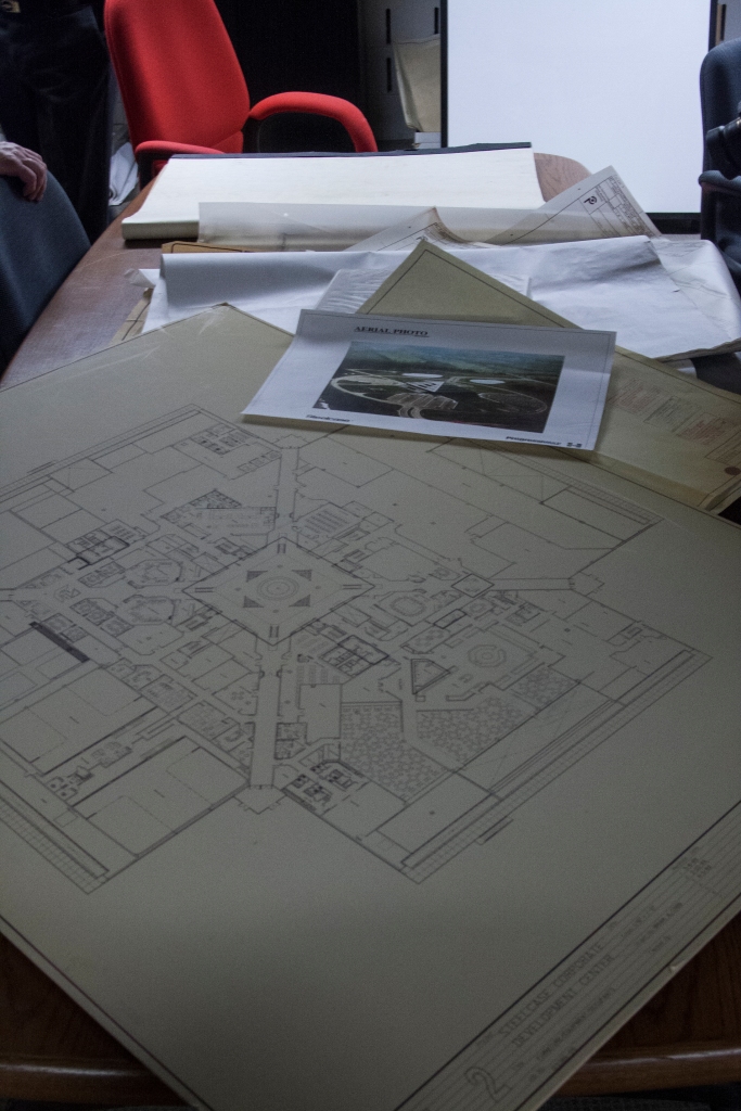 A small room off of one of the mechanical rooms contained hundreds of plans for the building. Here, multiple floor plans were laid our on a table. 
